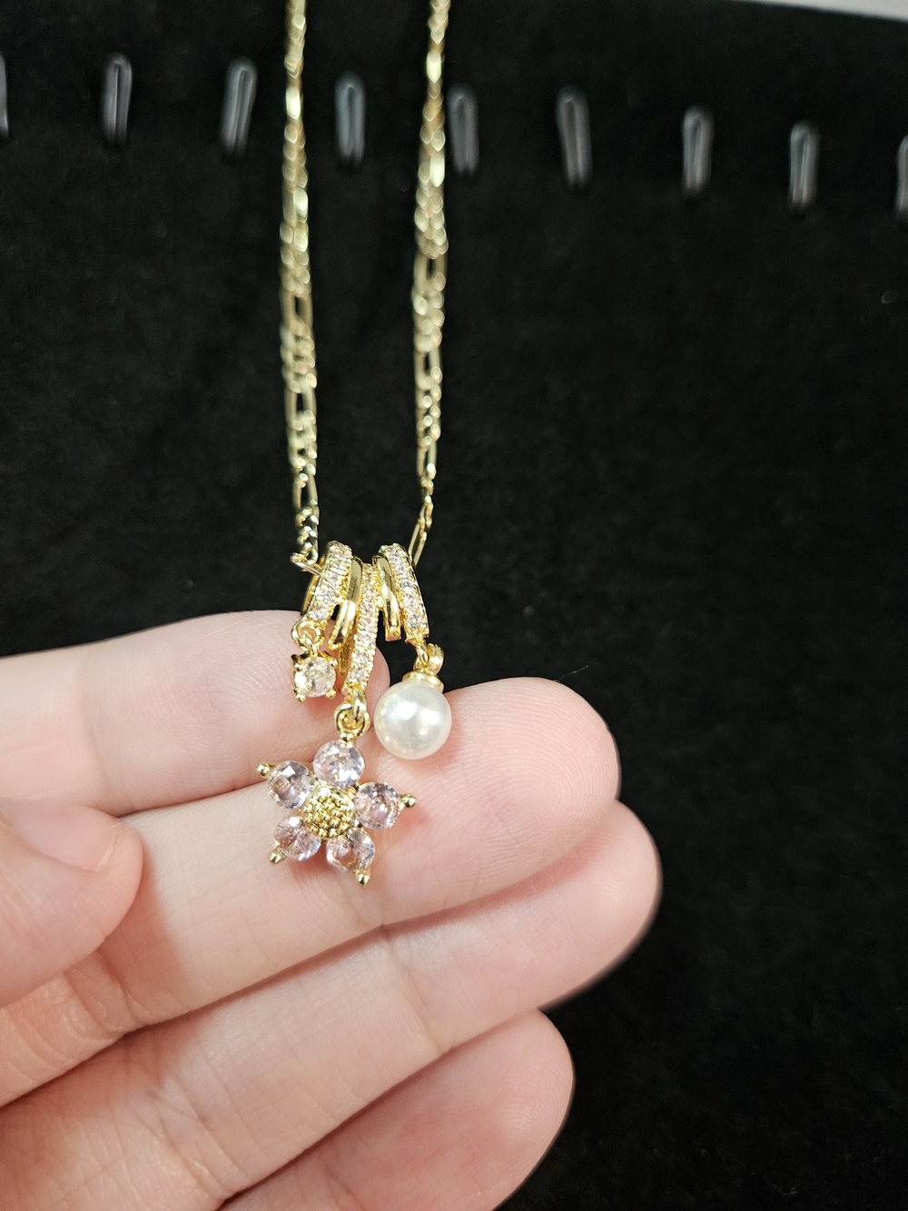 Elegant Gold Plated Pearl & Pink Flower Pendant Necklace